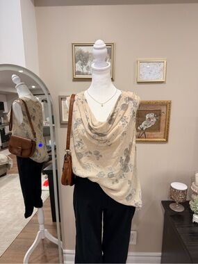 Jacques Vert Beige Floral Draped Neck Sleeveless Blouse